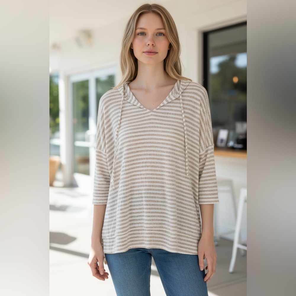 Striped Long Sleeve‎ Top - Cream and Brown